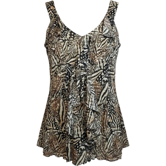 Avenue Tops - Avenue Womens Plus Size 22/24 Brown Butterfly Animal Print Ruffle V-Neck Blouse